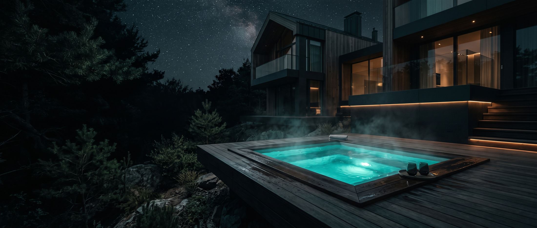 Luksusowa wanna SPA na tarasie nowoczesnej rezydencji nocą