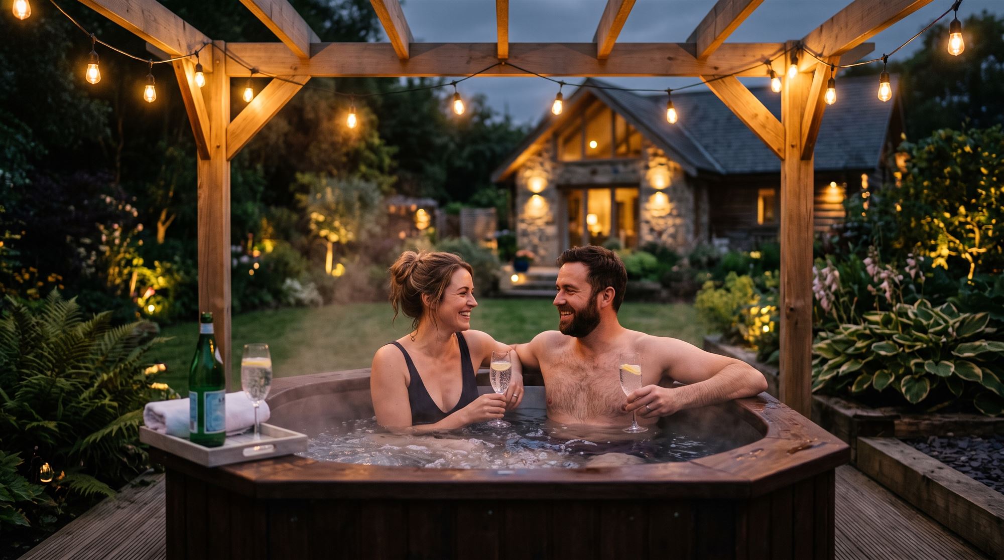 Wanna SPA w ogrodzie wieczorem